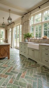 sage green kitchens Sage tile floors for earthy vibe
