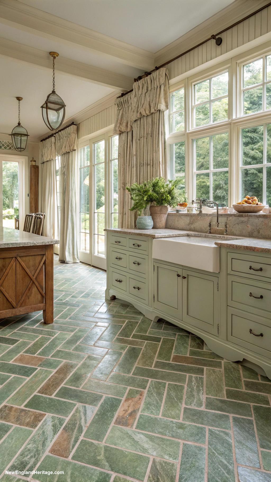 sage green kitchens Sage tile floors for earthy vibe