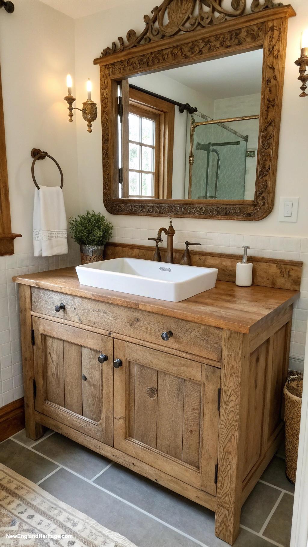 traditional bathrooms Wooden vanity with farmhouse sink