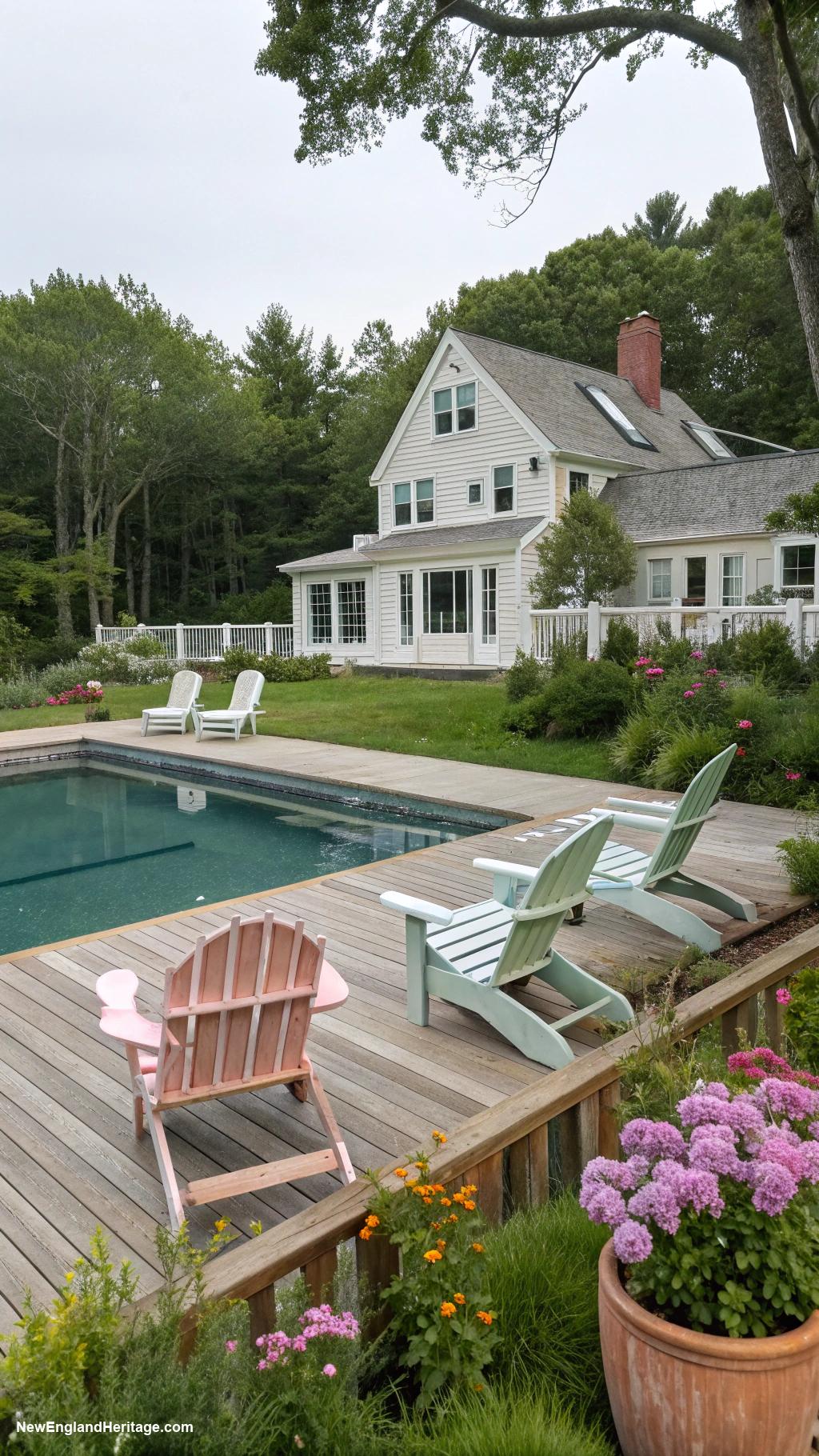traditional pool landscape Classic wooden deck with Adirondack chairs