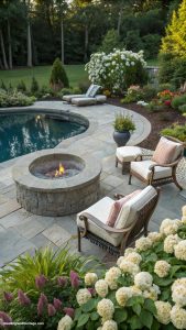 traditional pool landscape Cozy firepit area adjacent to the pool