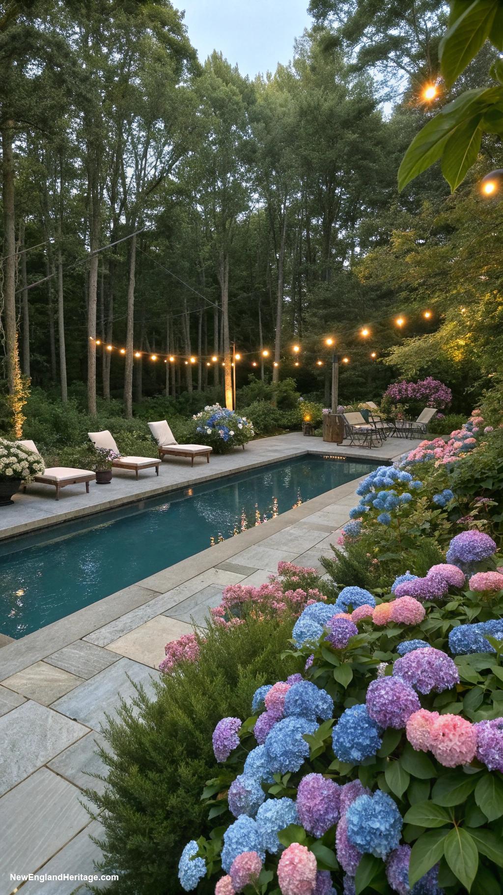traditional pool landscape Lush greenery with hydrangea bushes