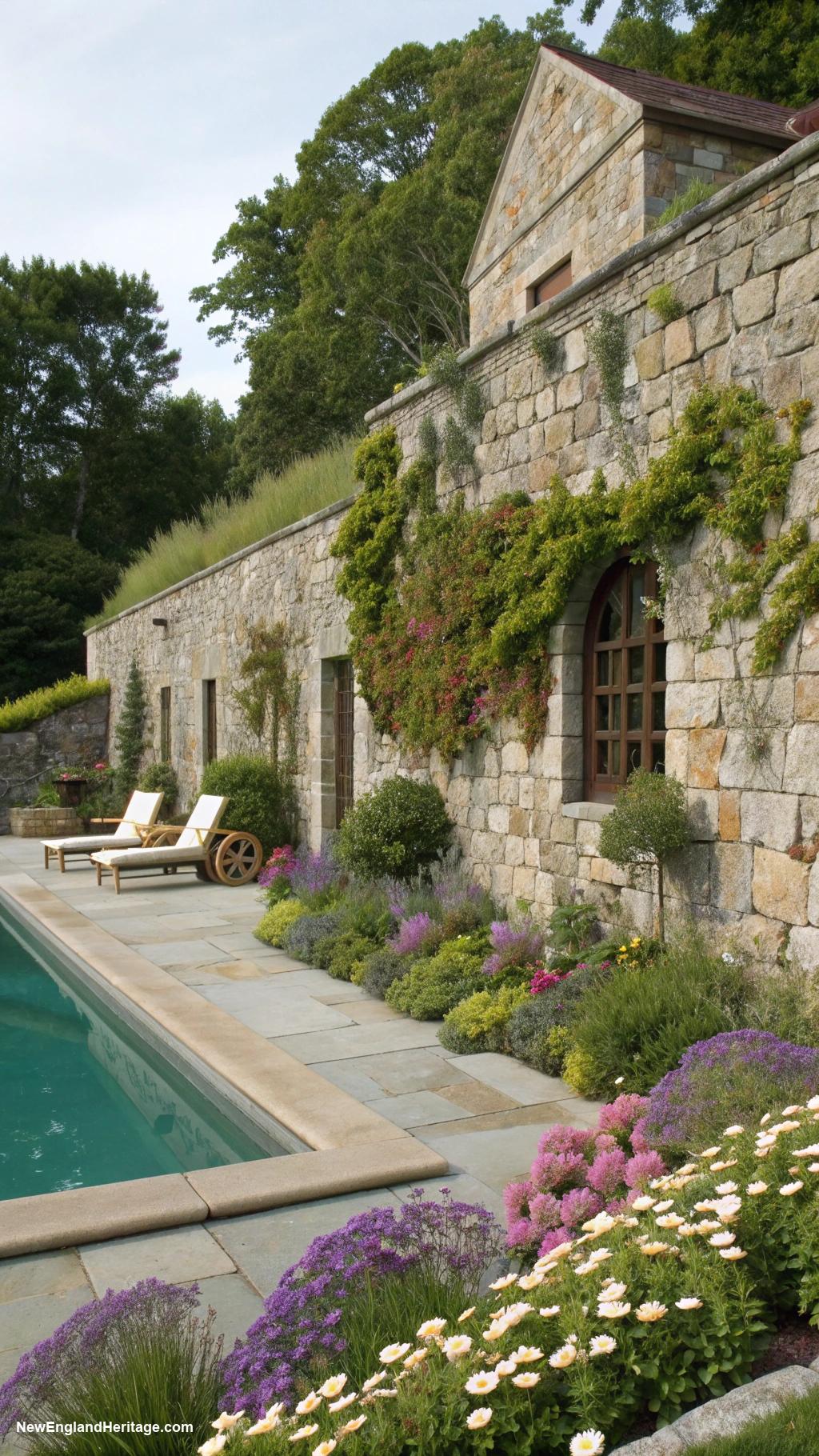 traditional pool landscape Old stone wall for privacy and charm