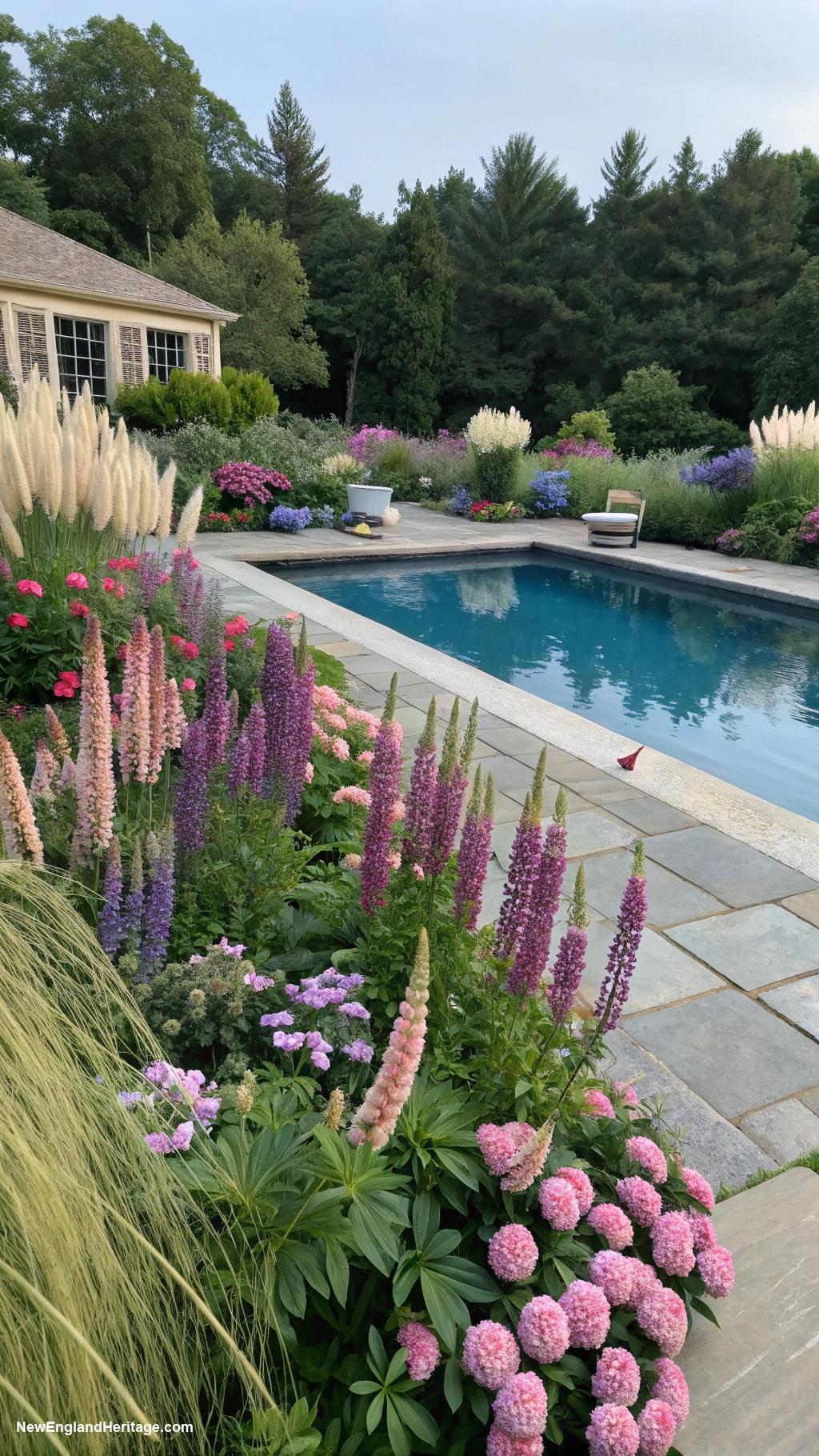 traditional pool landscape Perennial gardens with vibrant seasonal blooms
