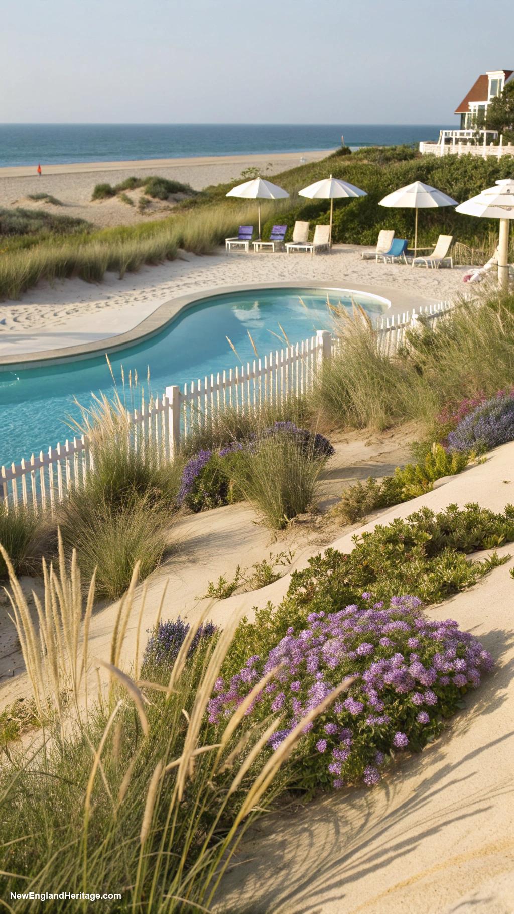 traditional pool landscape Seaside inspired sand and dune plantings